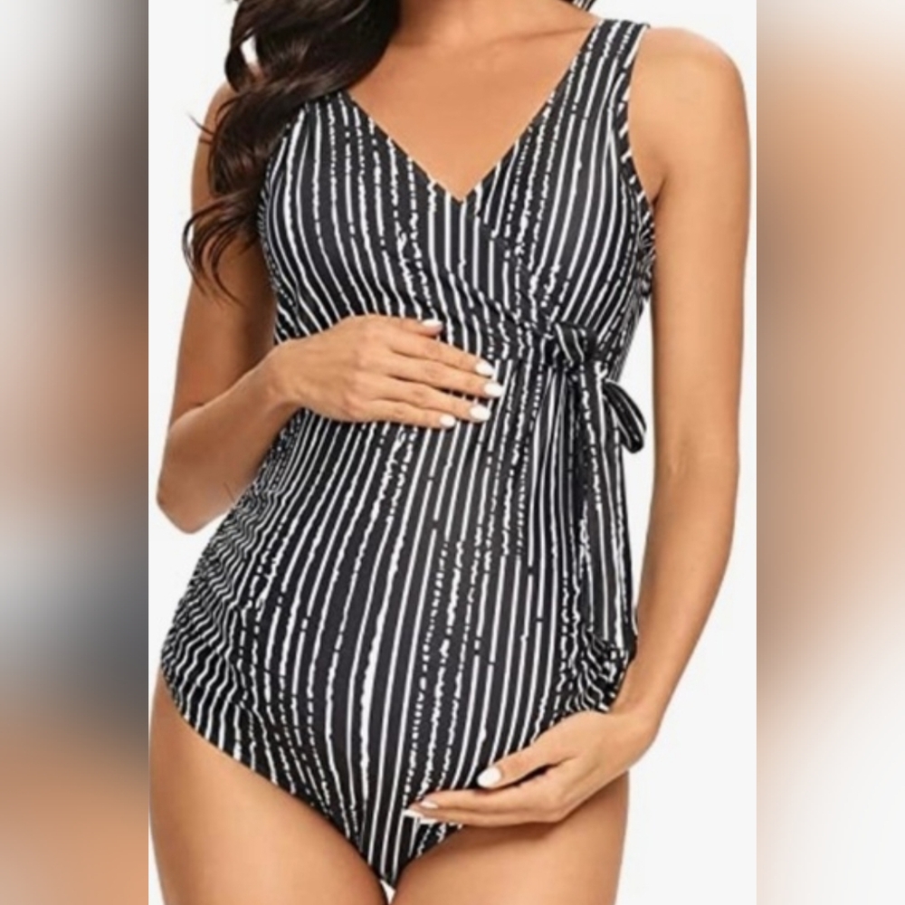 NWT. Tempotrek Black and White Striped Women's Maternity One Piece Swimsuit